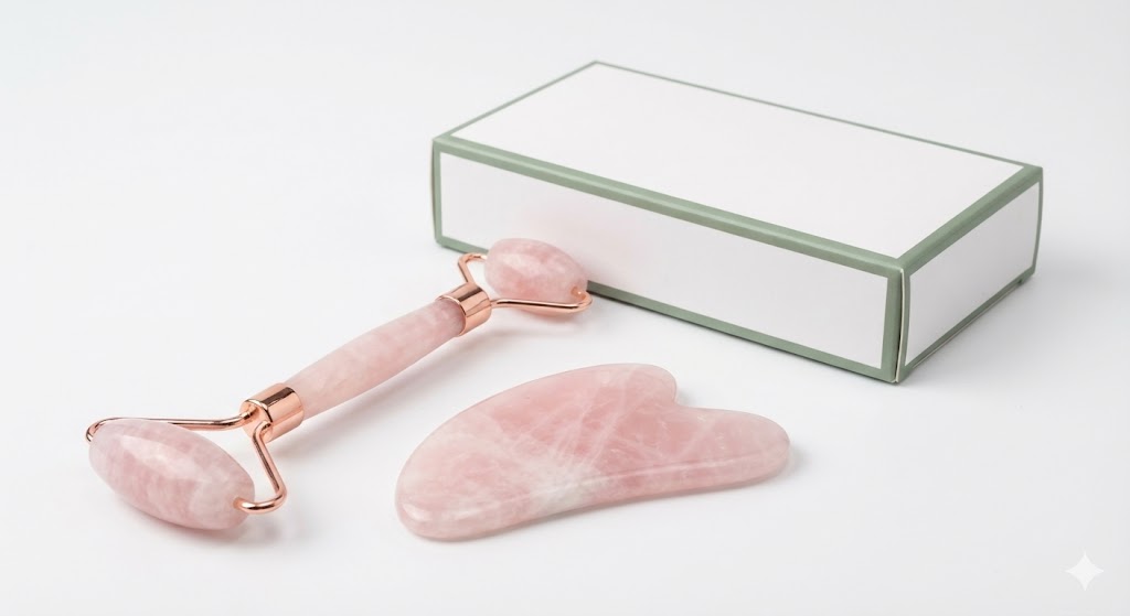 Pink jade roller and gua sha tool with a white box on a light gray background